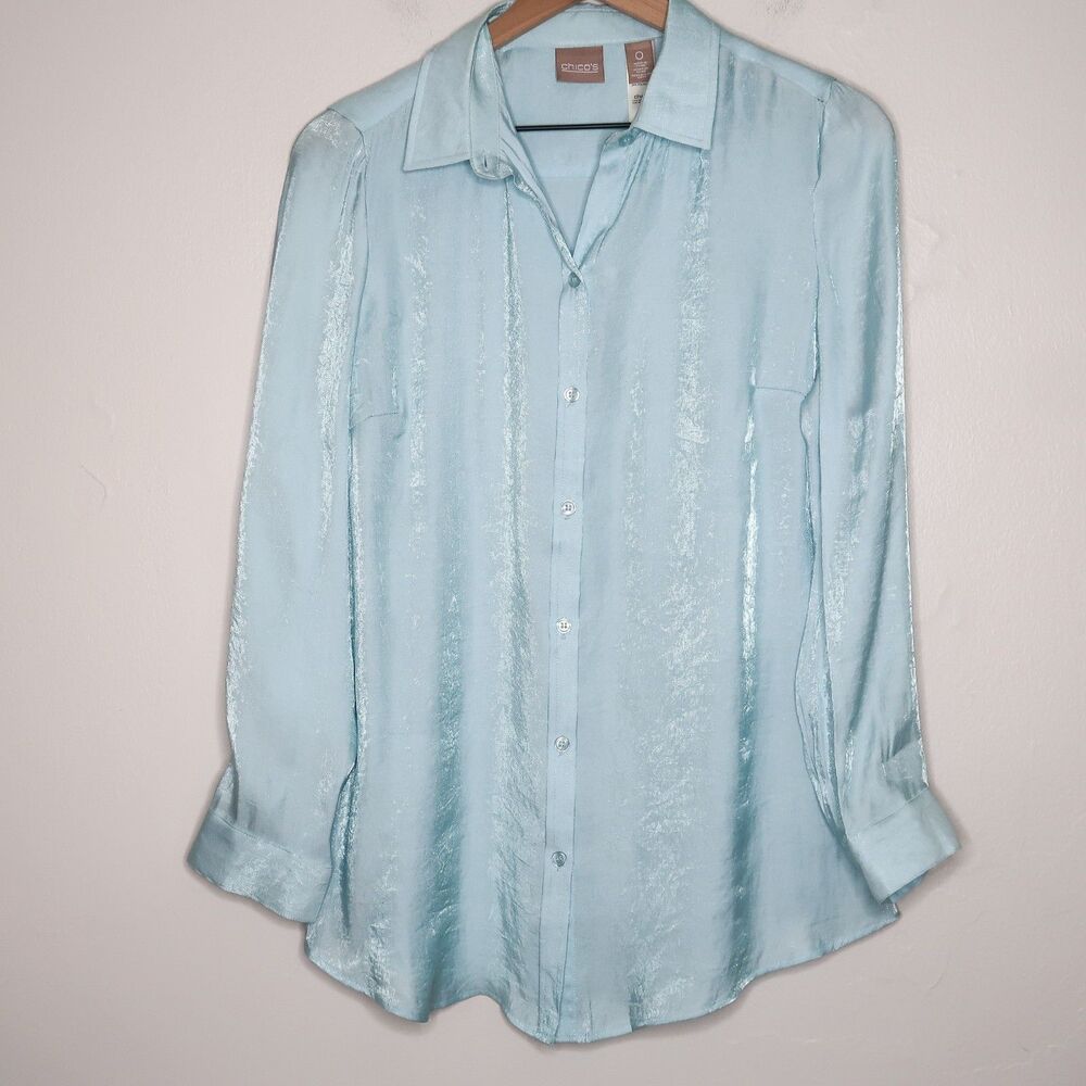 Chico's Womens Button Up Shirt Size 0 Small Sky Blue Shimmer Office Event Spring